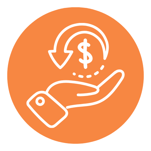 White outline of a hand with a dollar sign above it and a curved arrow pointing downwards in an orange circle.