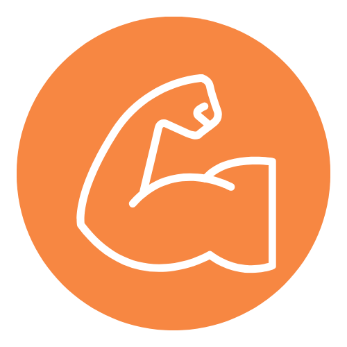 White outline of a flexed bicep muscle inside an orange circle.