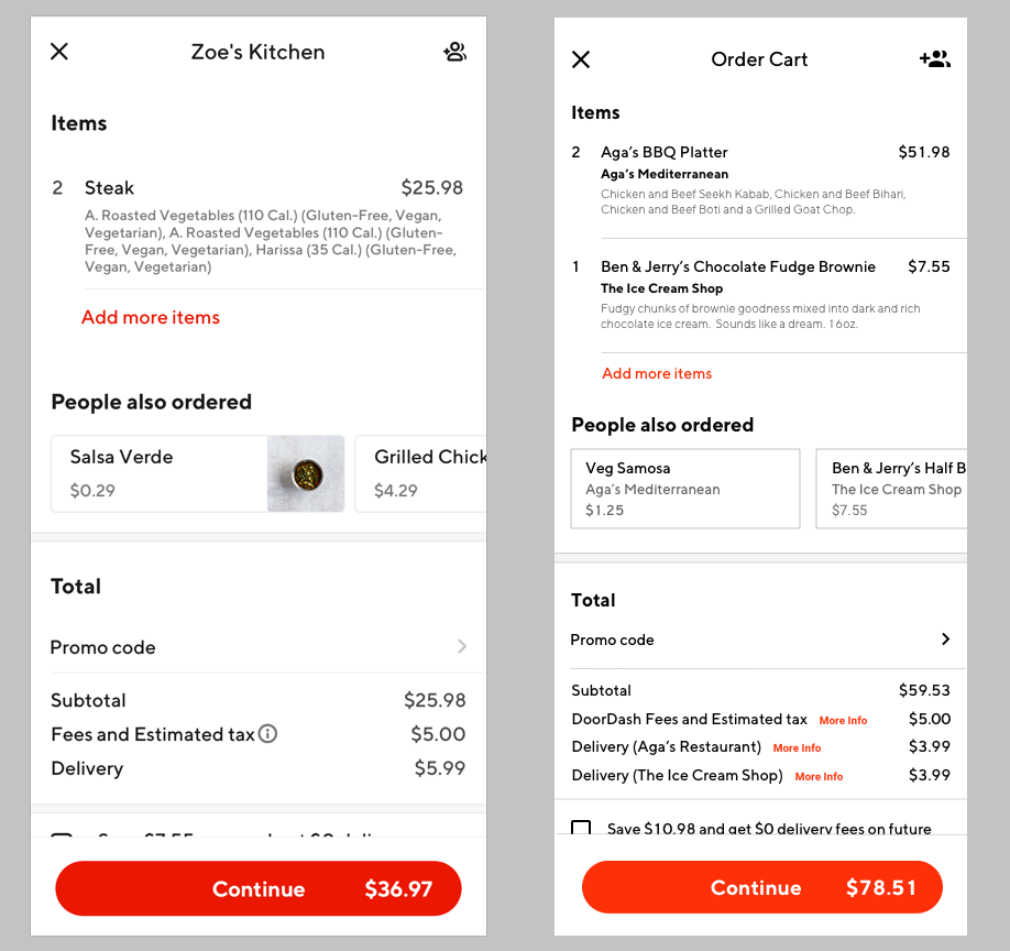 The current DoorDash cart (left) and mockup of a multi-restaurant cart (right).