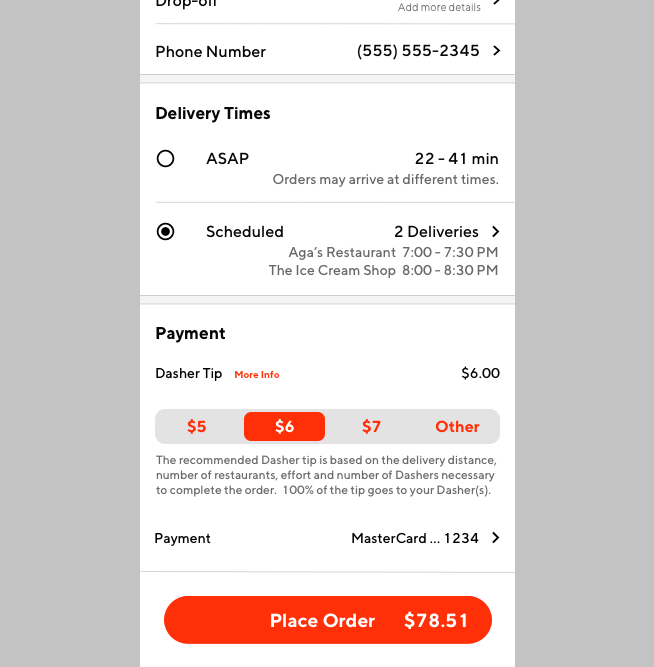 The revised cart mockup with selected times shown.