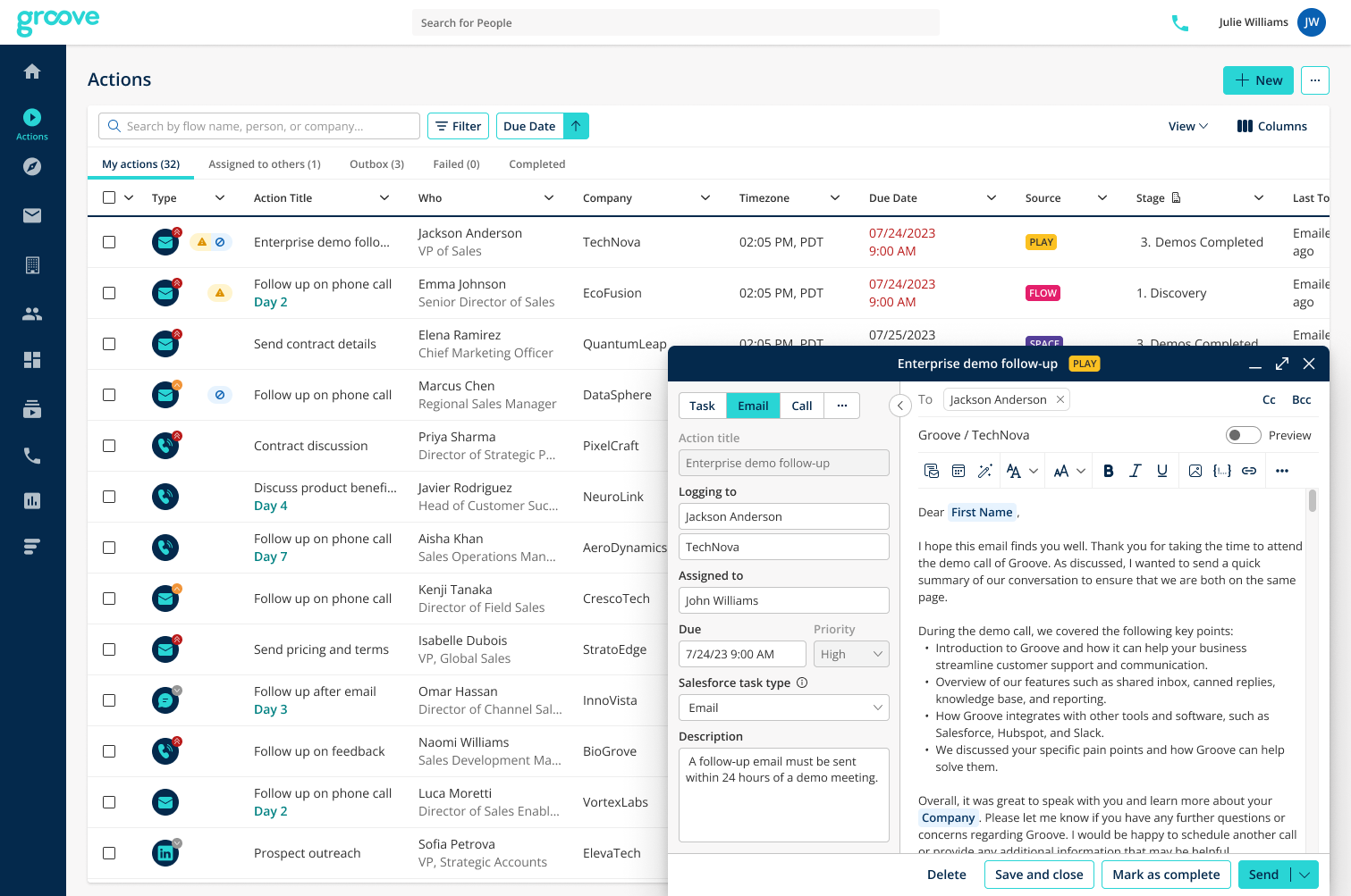 Groove actions list in web app
