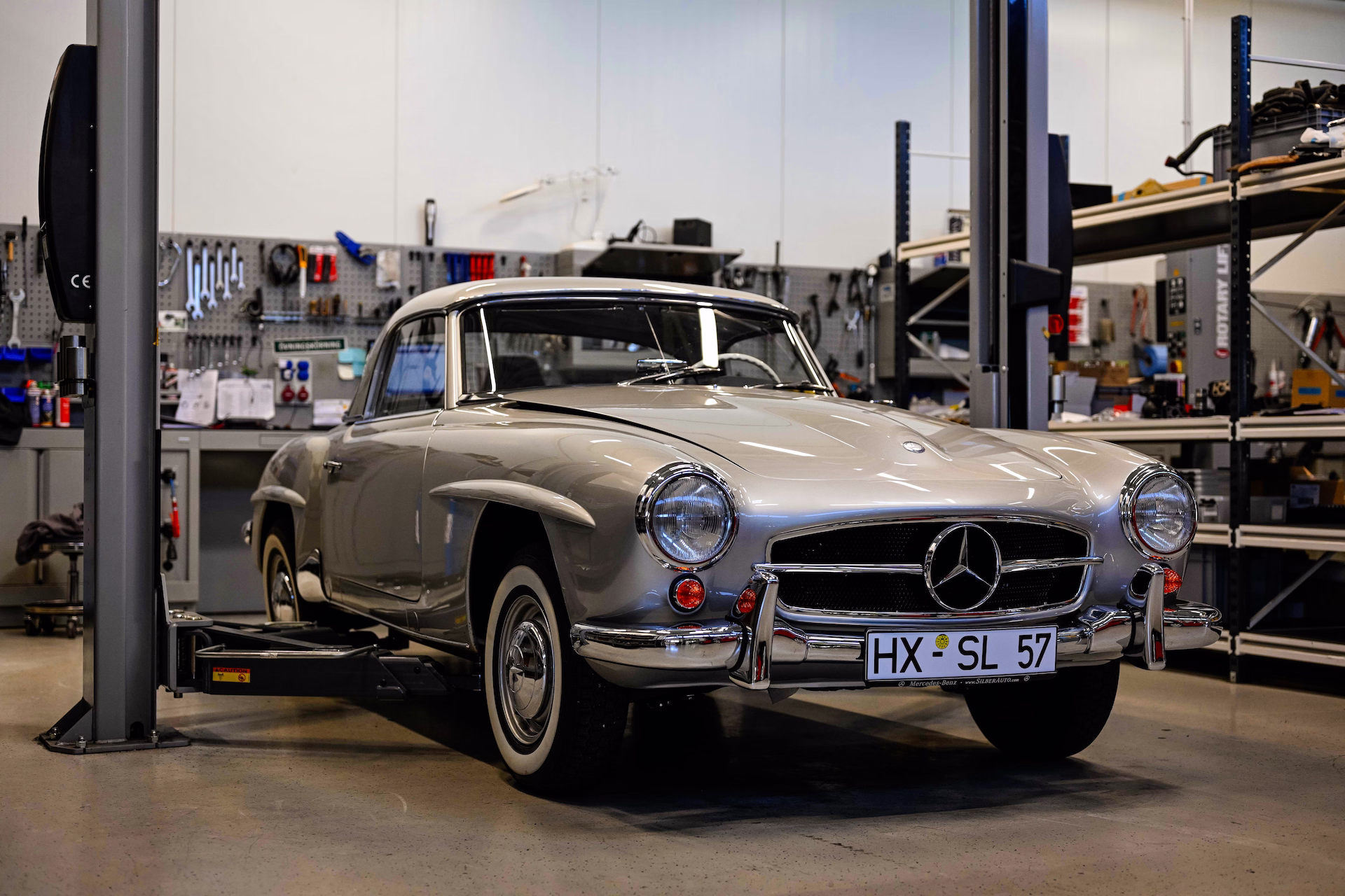 Mercedes-Benz 190SL in garage for an overview before restoration