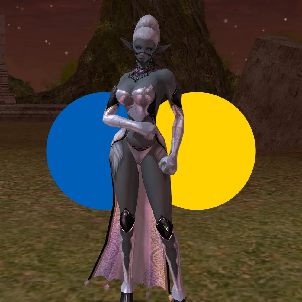 Fantasy character with gray skin, white hair in an updo, and pointed ears wearing silver and black armor with a long cape, standing outdoors at night.