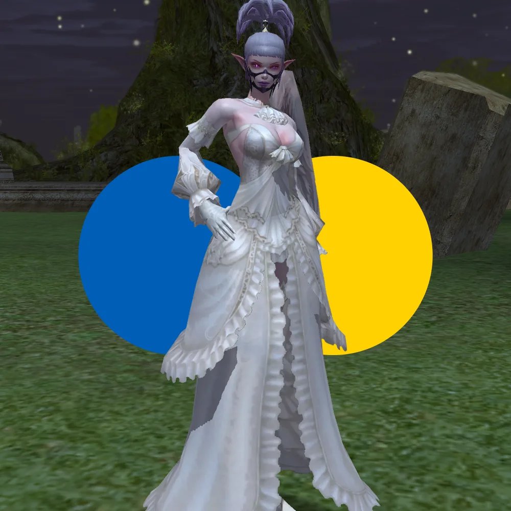 Fantasy character with purple hair, elvish ears, and a white ornate dress standing outdoors at night with two overlapping blue and yellow circles behind.
