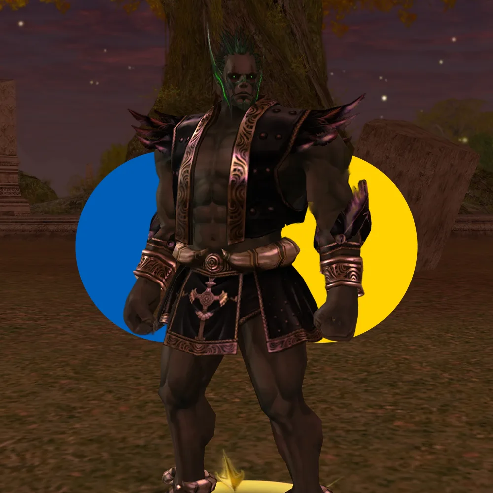 Dark-skinned muscular fantasy character with glowing green eyes and spiked hair, wearing ornate black and gold armor standing outdoors at dusk.
