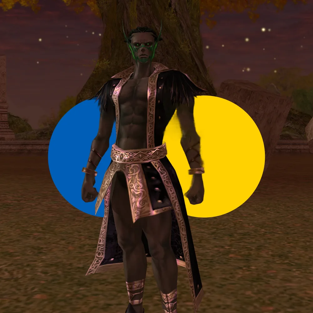 Dark-skinned fantasy character with green glowing eyes and antlers wearing elaborate black and gold robes, standing in a night forest clearing.