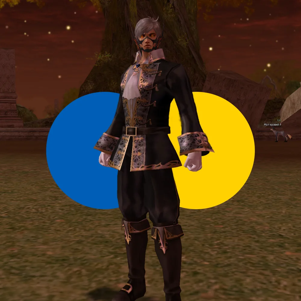 Video game character in ornate black and gold outfit with a mask, standing in an outdoor fantasy setting at dusk.