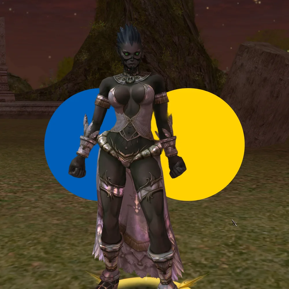 Dark-skinned fantasy warrior character with glowing green eyes and intricate armor standing in a forest at dusk.