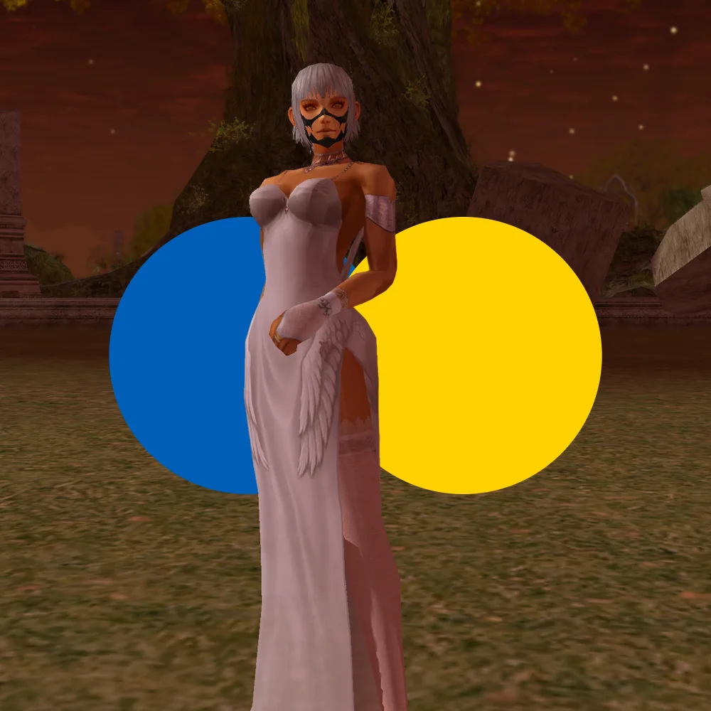 Character with silver hair wearing a white gown and black face mask, standing outdoors at dusk with large blue and yellow circles behind her.