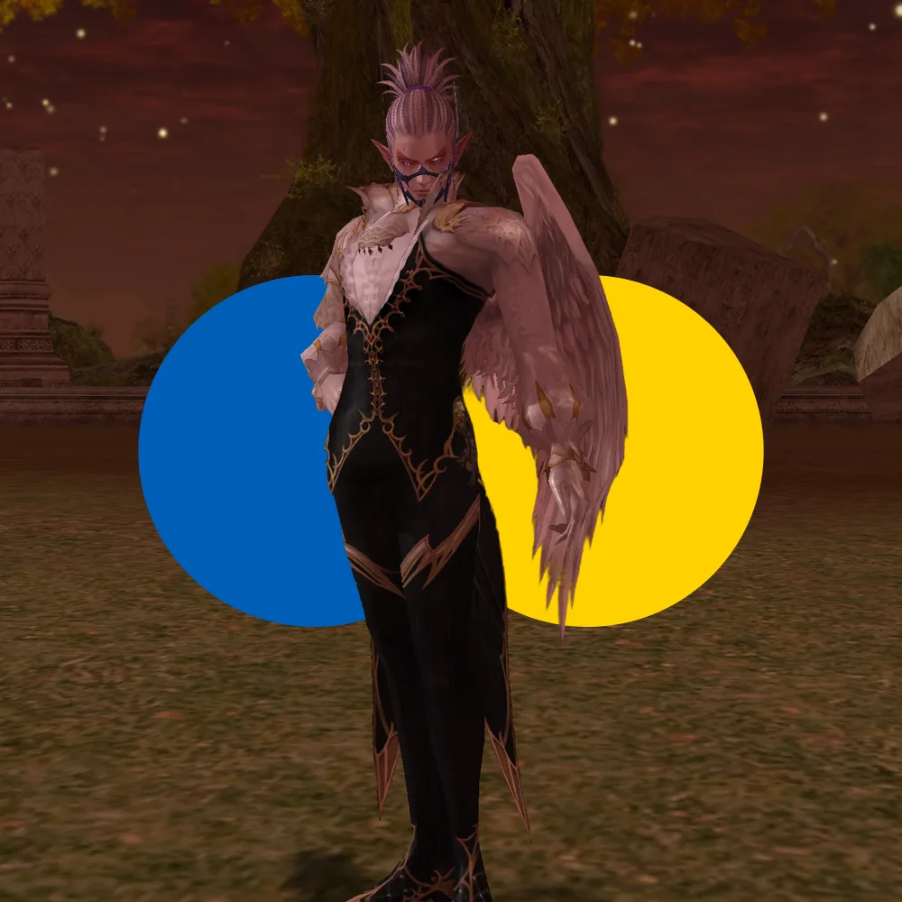 Fantasy character with pink braided hair, elf-like ears, and pink feathery wings standing in front of a blue and yellow circle backdrop outdoors at dusk.