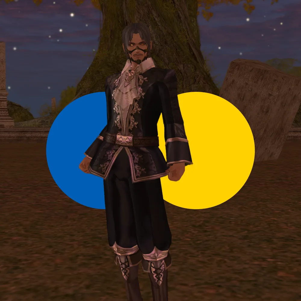 Character dressed in ornate black and pink renaissance-style clothing standing outdoors at night with blue and yellow circles behind them.