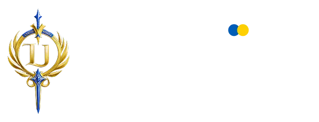 Logo with a golden emblem featuring a stylized spear and laurel wreath next to the text L2KRAINA with small blue and yellow circles above the letters.