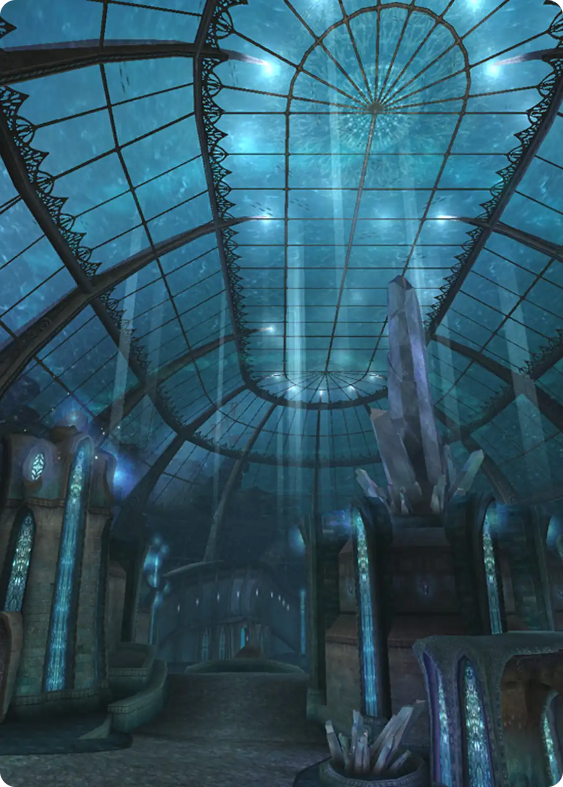 Interior of a mystical cavernous structure with a glass ceiling, glowing blue lights, and large crystal formations.