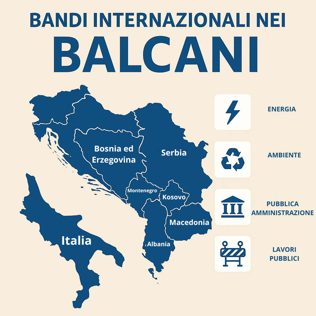 Bandi internazionali nei balcani nei settori energia, ambiente, pubblica amministrazione e lavori pubblici.