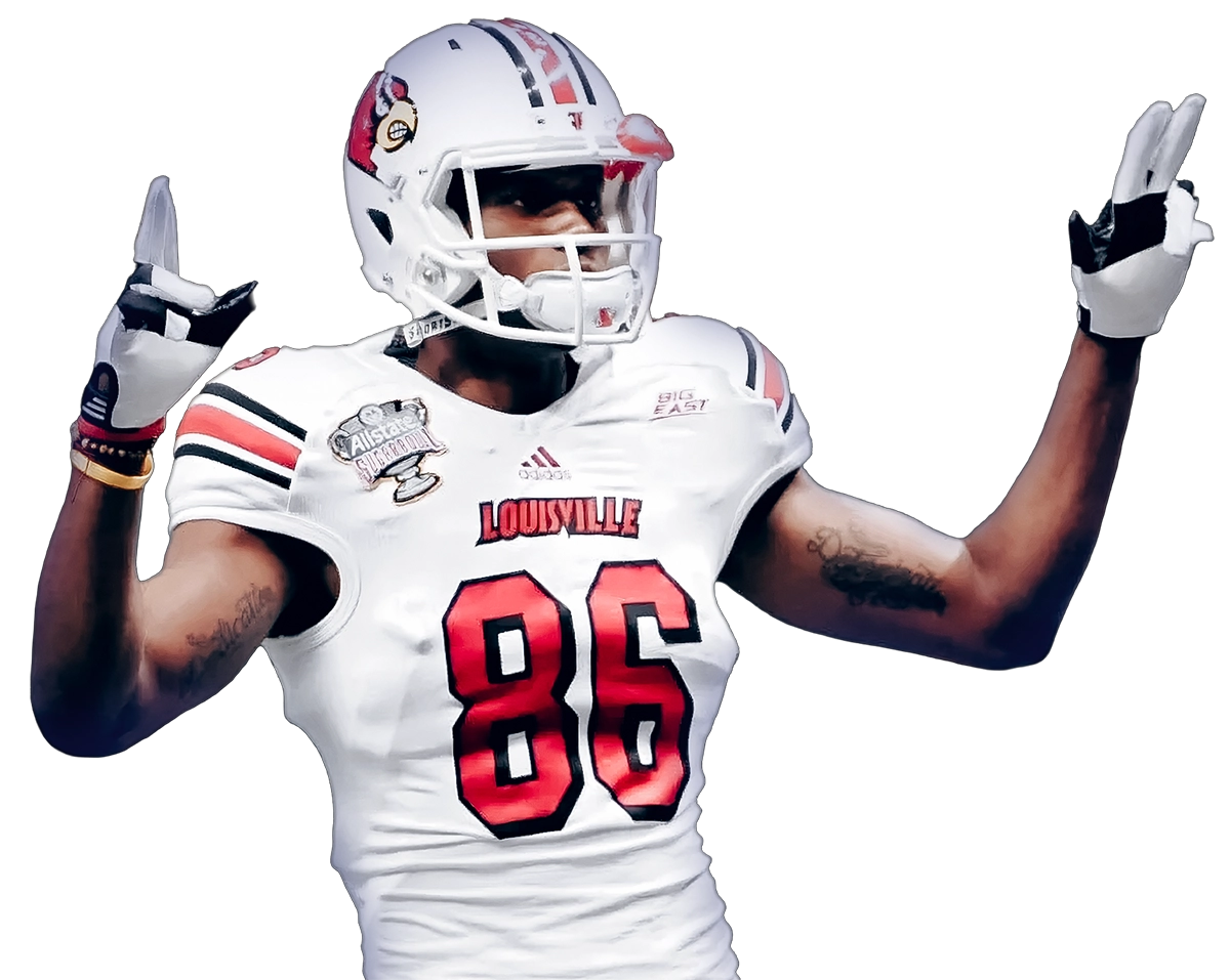 Image of a football player in pads and helmet with both hands in the air.