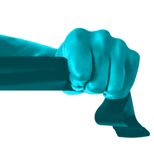 Hand gripping a resistance exercise band stretched taut.