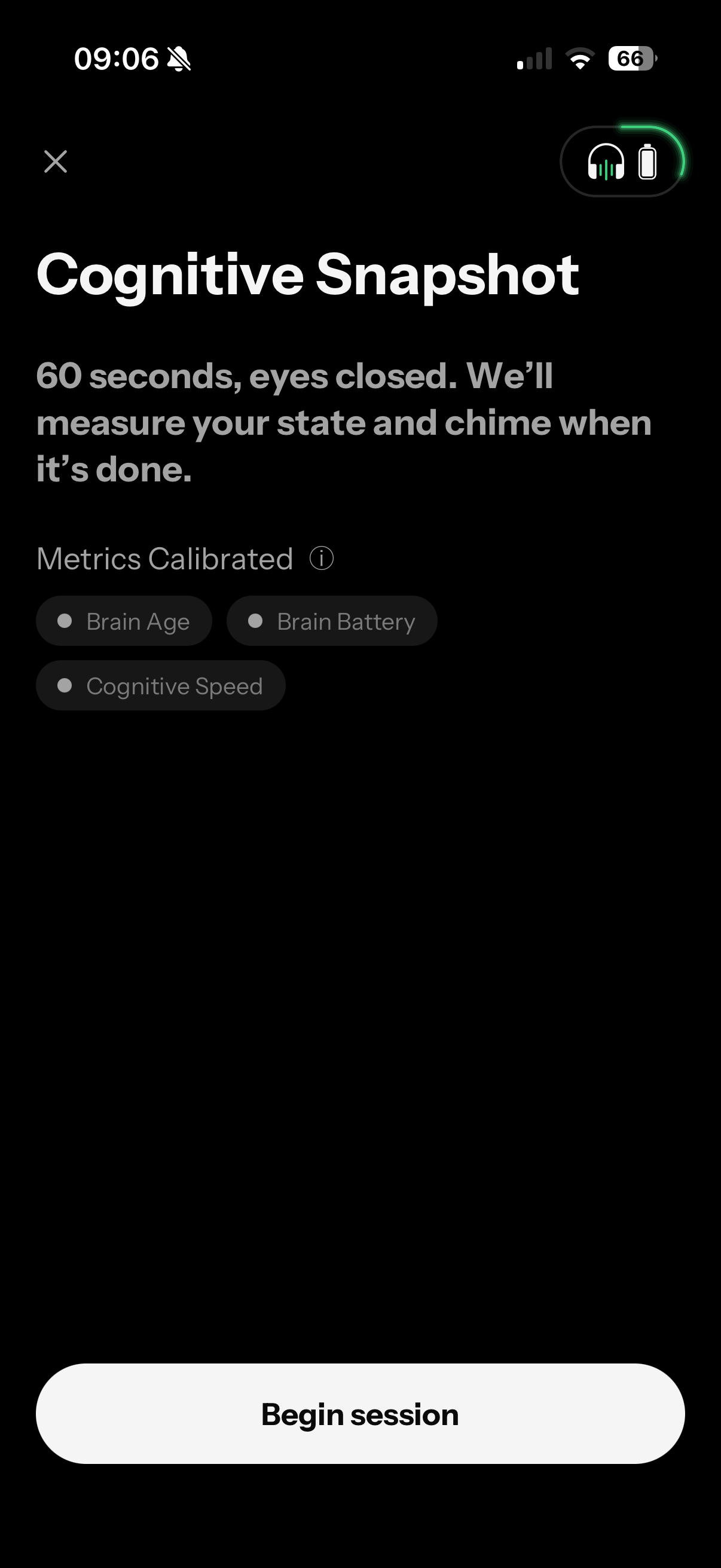 Neurable One app check-in screen: 60 seconds, eyes closed