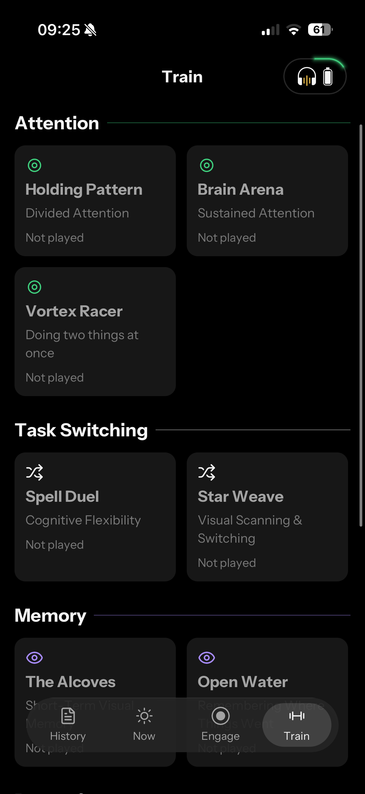 Neurable One app Train tab listing attention and task-switching games