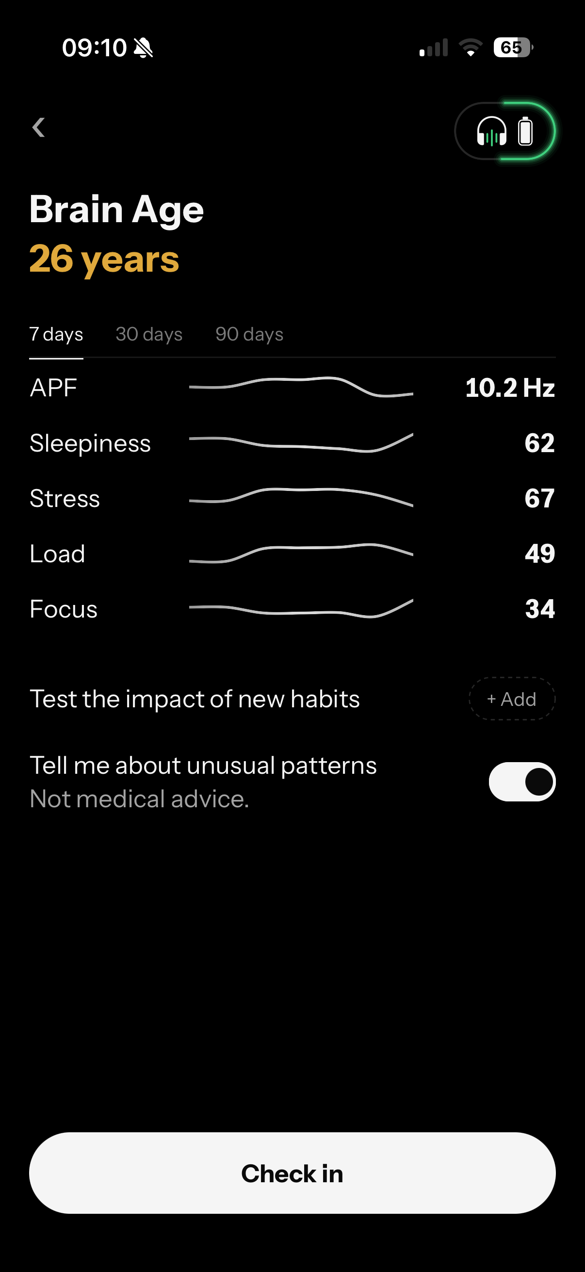 Neurable One app Brain Age trend over 7, 30 and 90 days