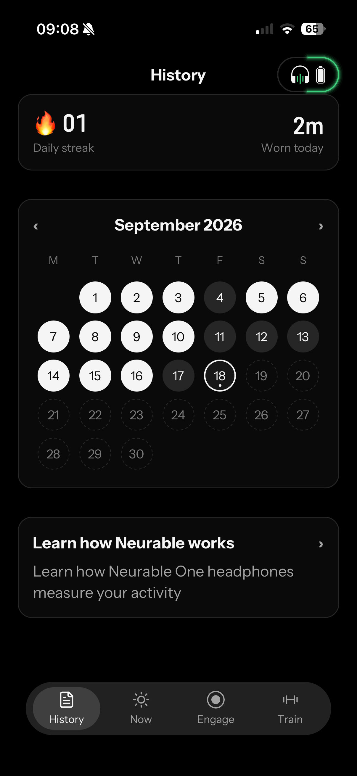 Neurable One app history calendar with a daily streak