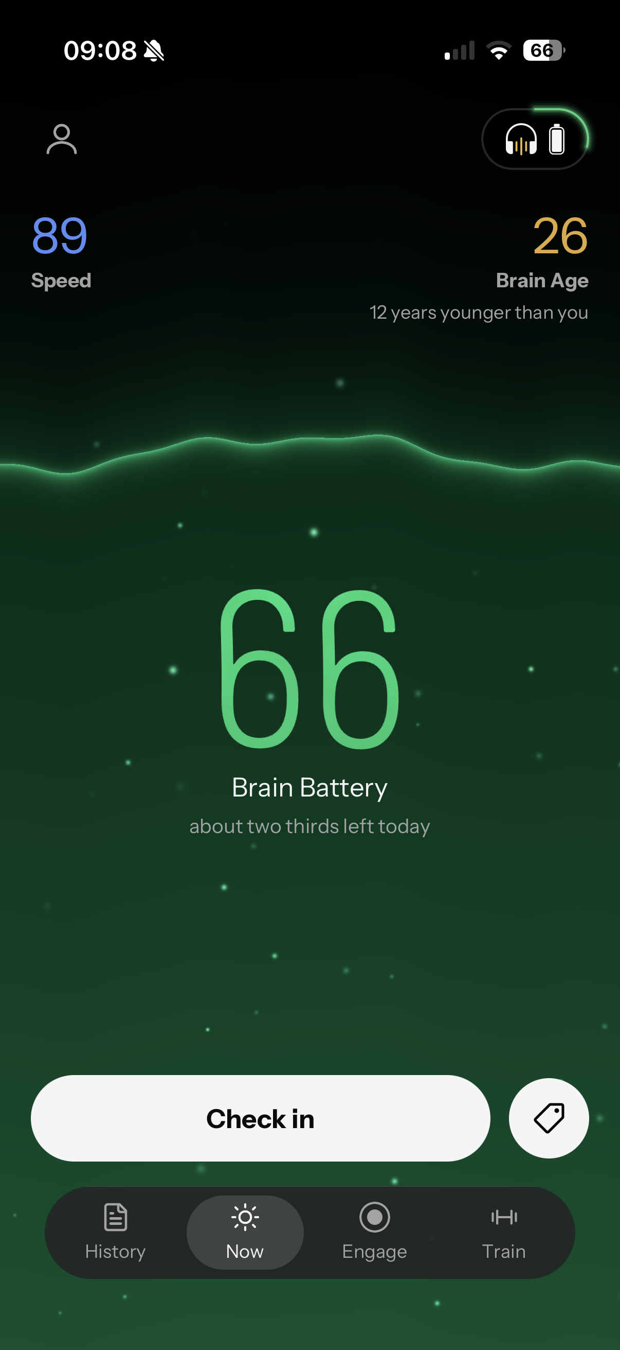 Neurable One app home screen showing Brain Battery 66, Speed 89 and Brain Age 26