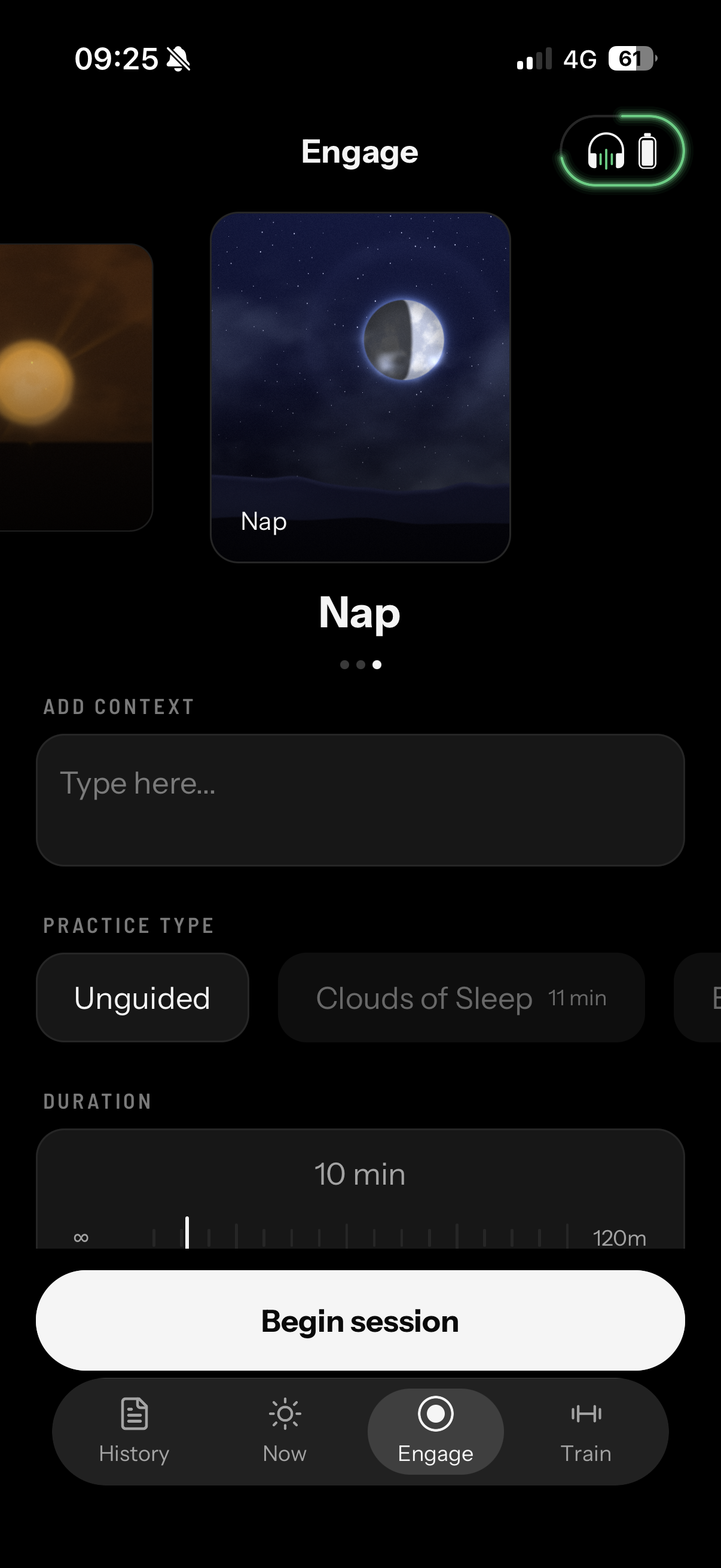 Neurable One app Nap session setup with practice type and duration