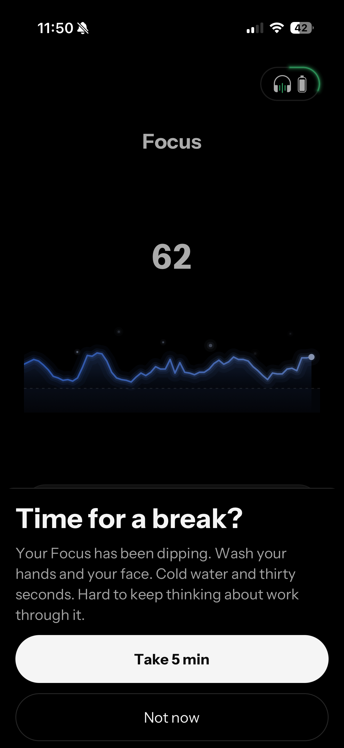 Neurable One app focus session suggesting a break as focus dips