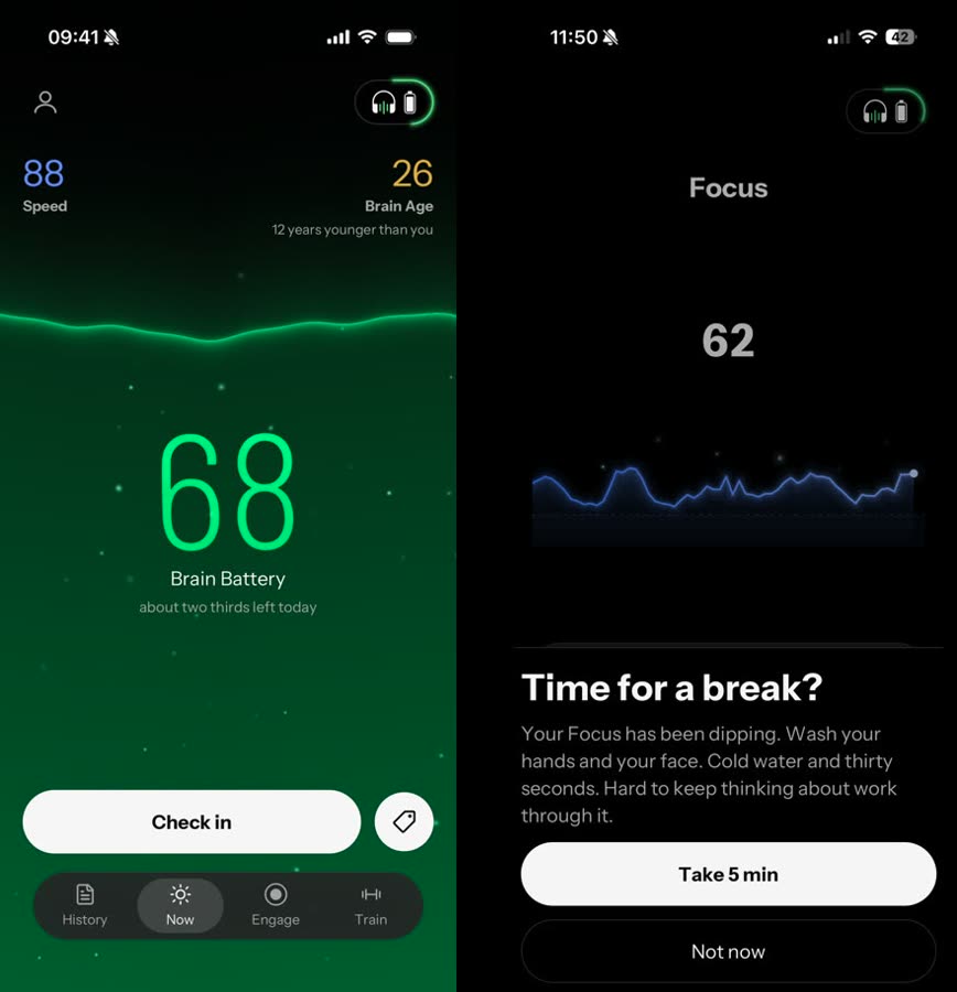Two Neurable app screens, one showing Brain Battery and one suggesting a break.