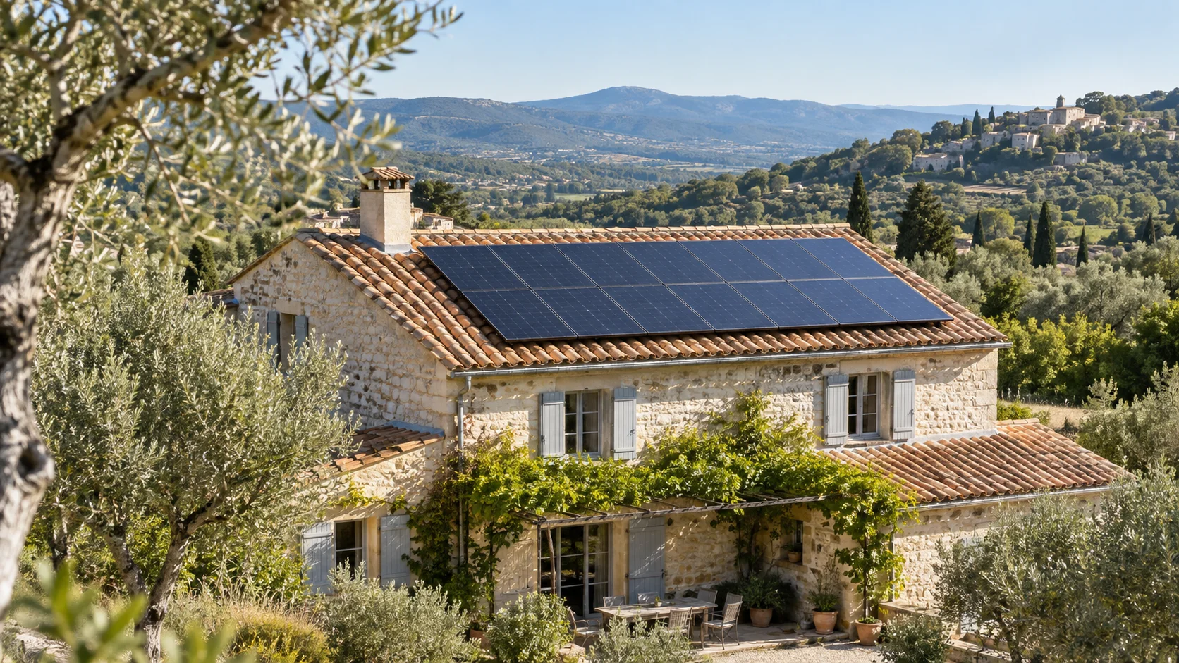 Illustration générée d’une maison provençale avec panneaux photovoltaïques dans un paysage méditerranéen.