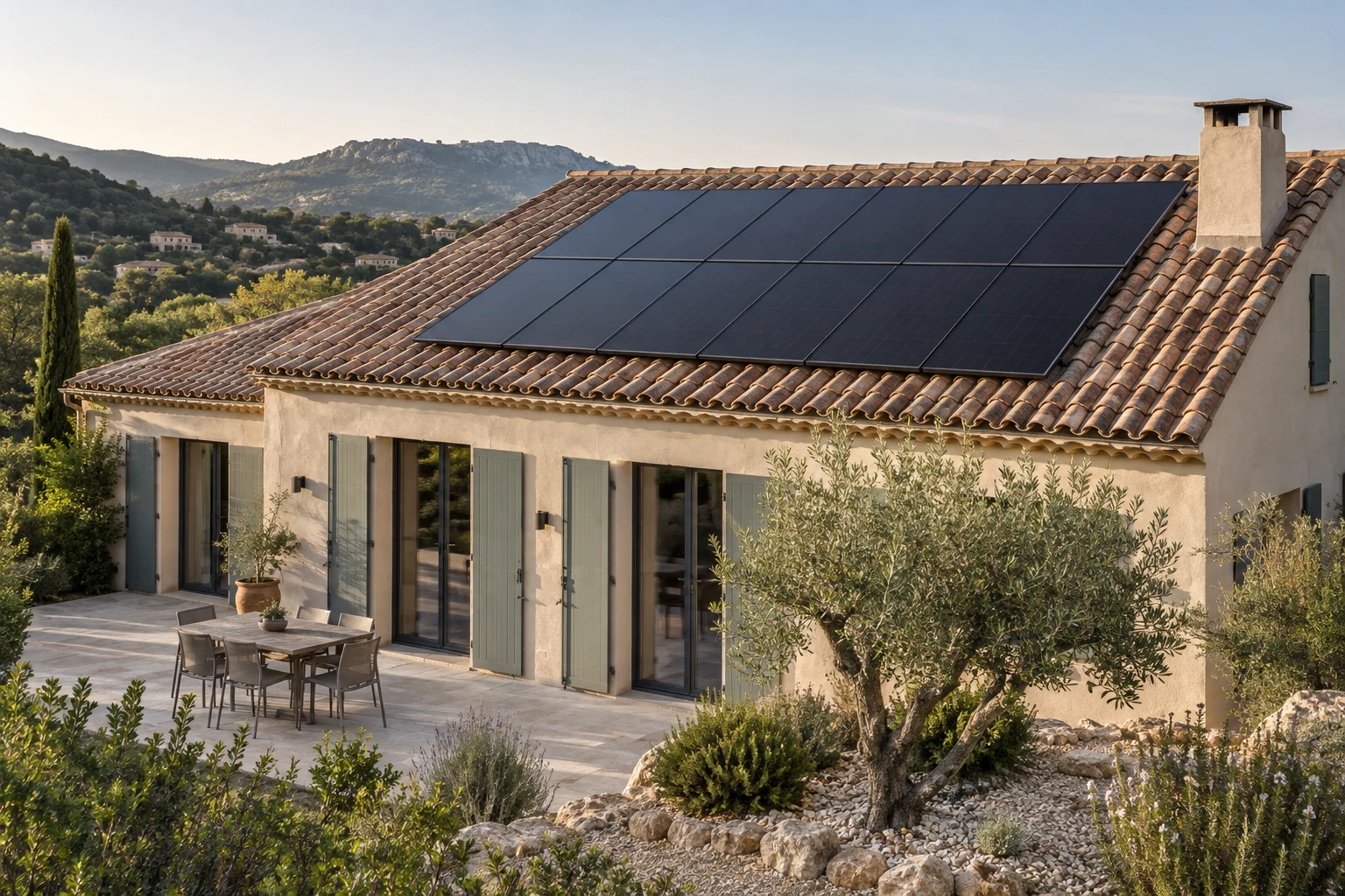 Illustration générée par IA : maison provençale équipée de panneaux photovoltaïques ; le taux de TVA dépend des conditions du projet.