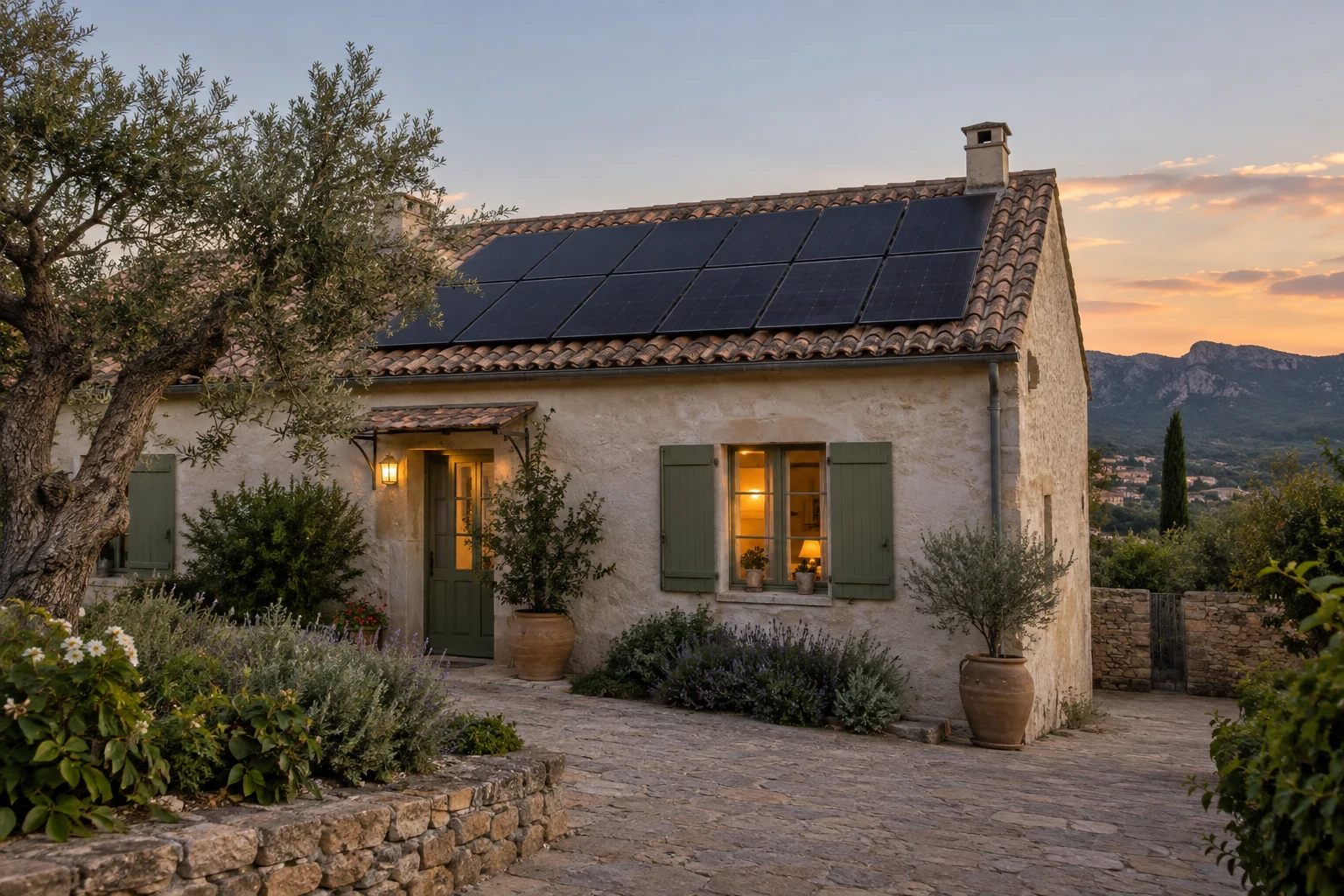 Illustration générée par IA : maison équipée de panneaux solaires en soirée ; le stockage virtuel est un service contractuel, sans batterie physique.