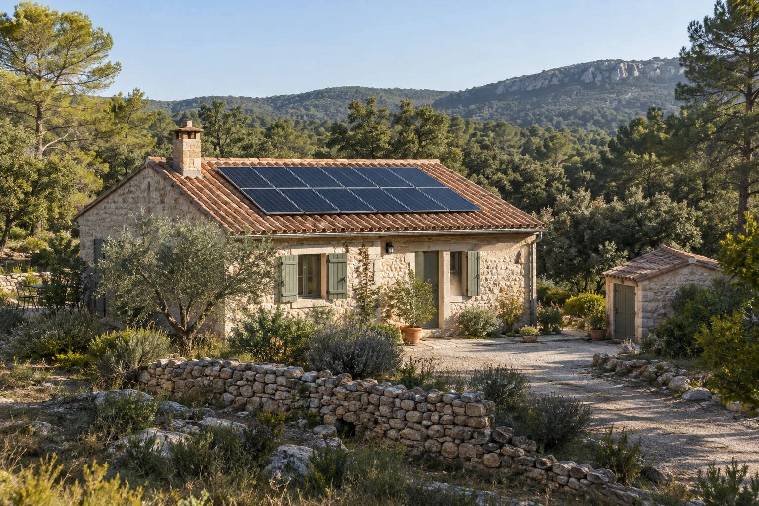 Illustration générée par IA : maison rurale équipée de panneaux solaires ; l'autonomie dépend du dimensionnement et des usages.