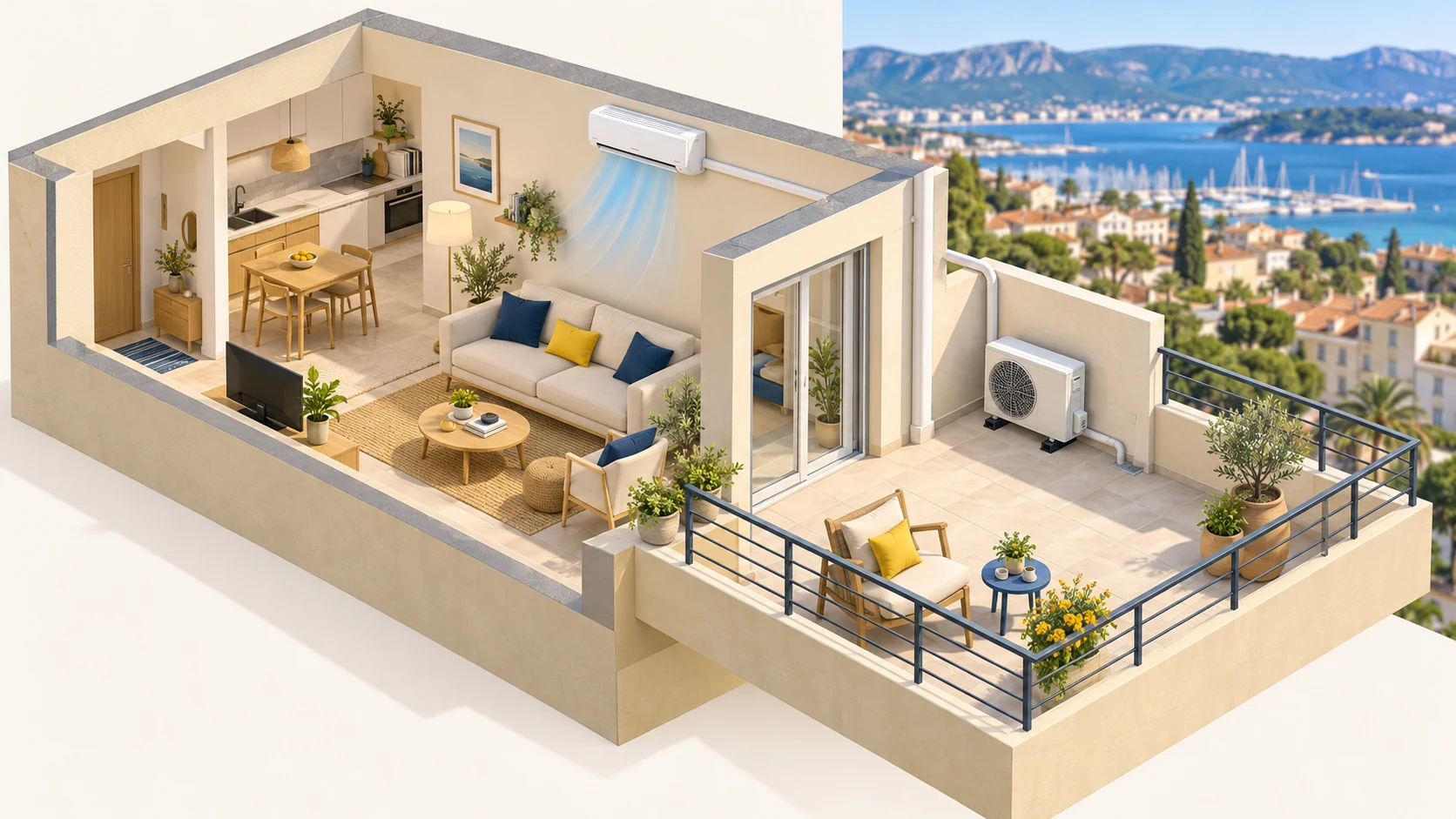 Illustration générée en coupe d’un appartement et de son balcon, avec unité intérieure de climatisation et groupe extérieur.