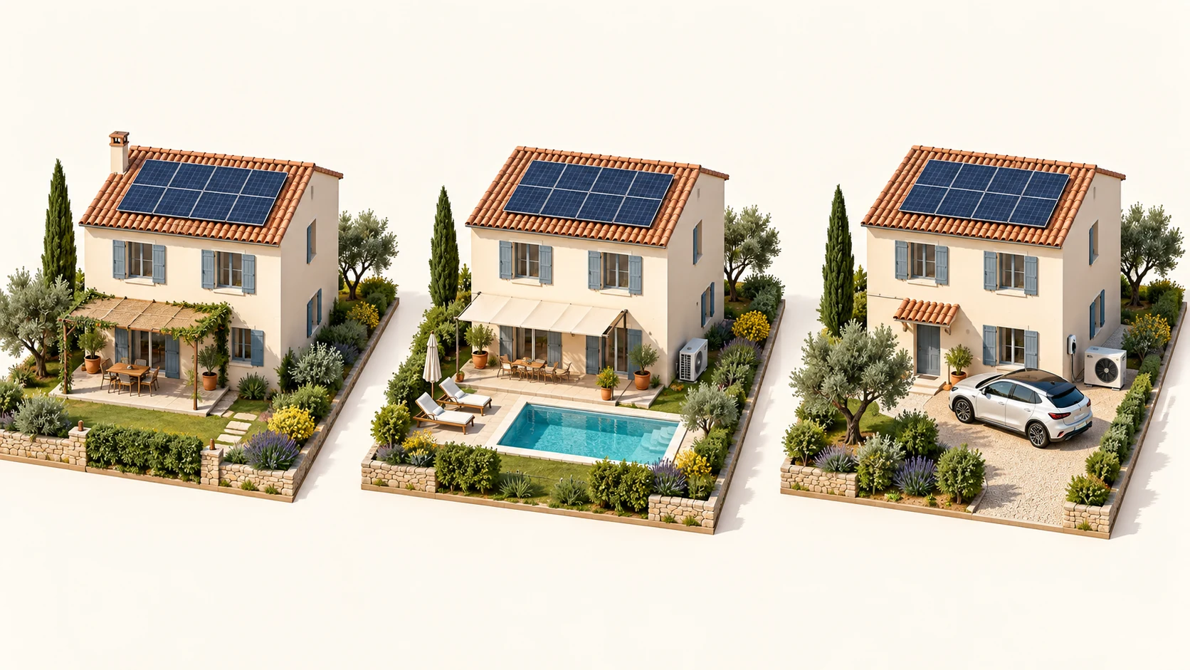 Illustration générée de trois maisons de même surface avec des usages différents : foyer sobre, piscine et climatisation, puis PAC et véhicule électrique.