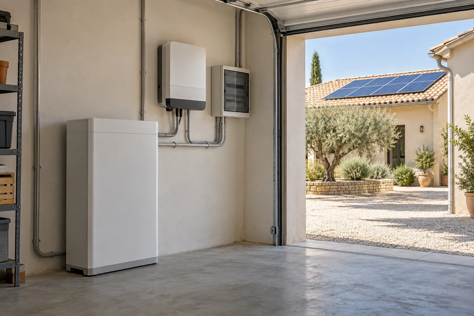 Illustration générée par IA : installation photovoltaïque neuve avec batterie résidentielle et onduleur génériques dans un garage provençal ; ne représente pas un chantier ADSolar.