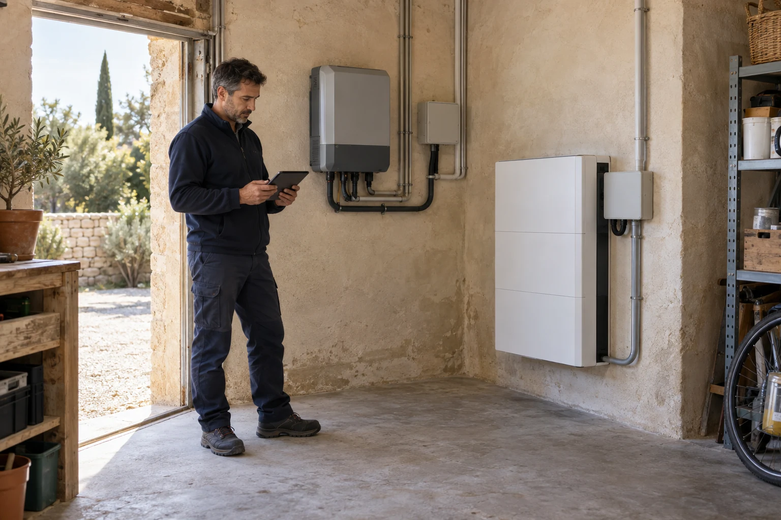 Illustration générée par IA : ajout d’une batterie générique à une installation solaire existante, avec onduleur conservé et technicien consultant une tablette ; ne représente pas un chantier ADSolar.