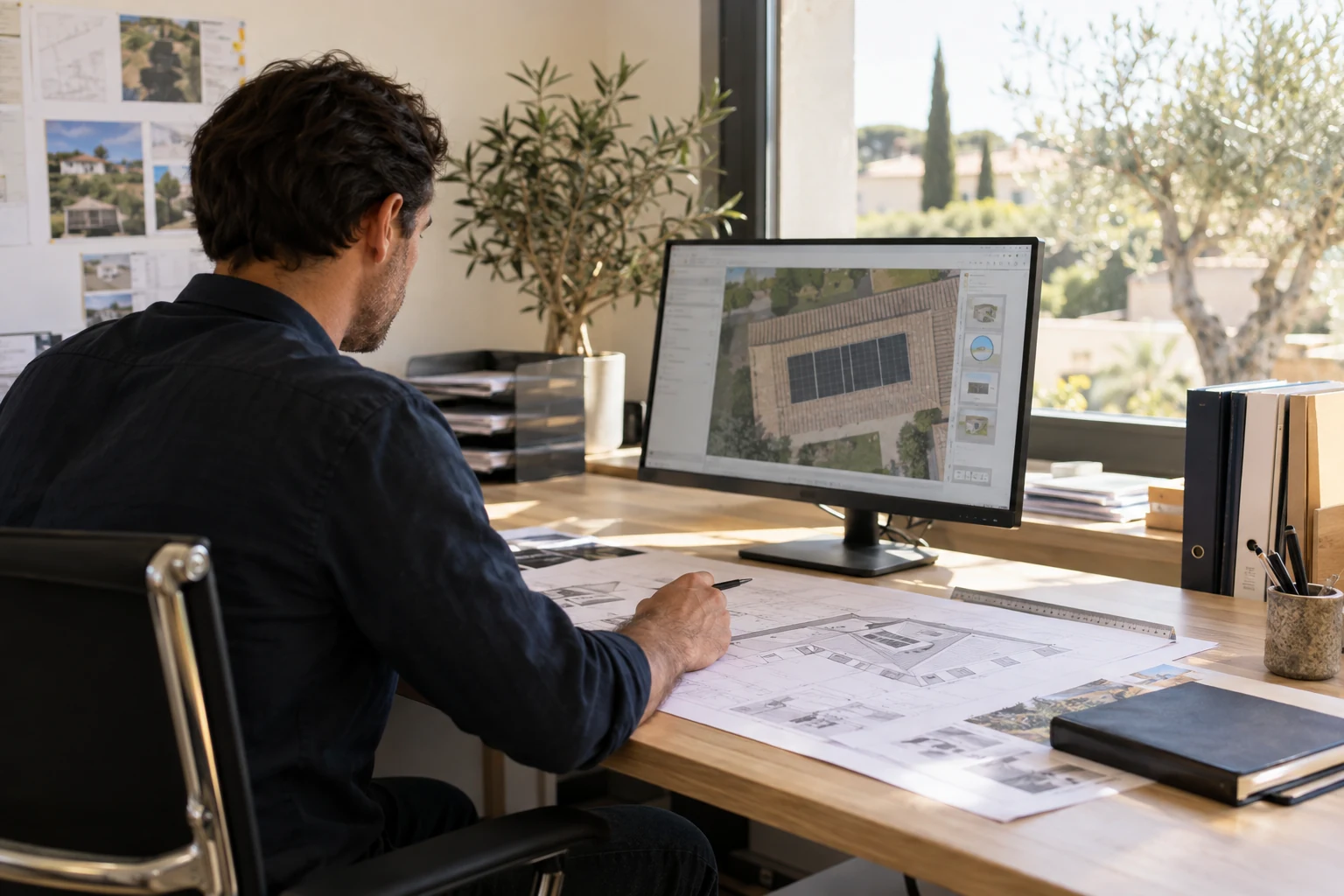 Illustration générée par IA : préparation du dossier photovoltaïque, plans de toiture et étude technique sur ordinateur.