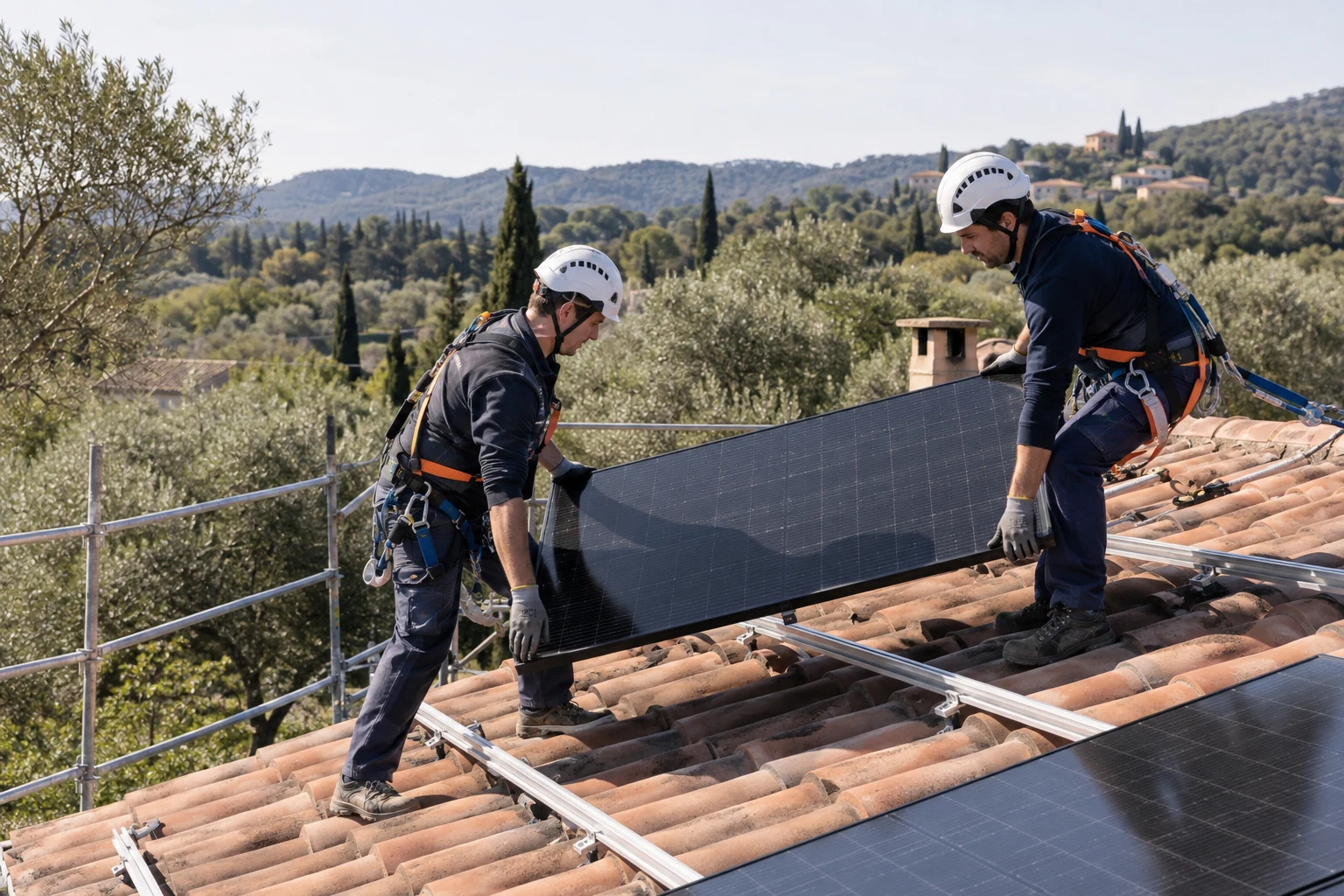 Illustration générée par IA : deux installateurs équipés de protections posent un panneau photovoltaïque sur une toiture en tuiles ; ne représente pas un chantier ADSolar.