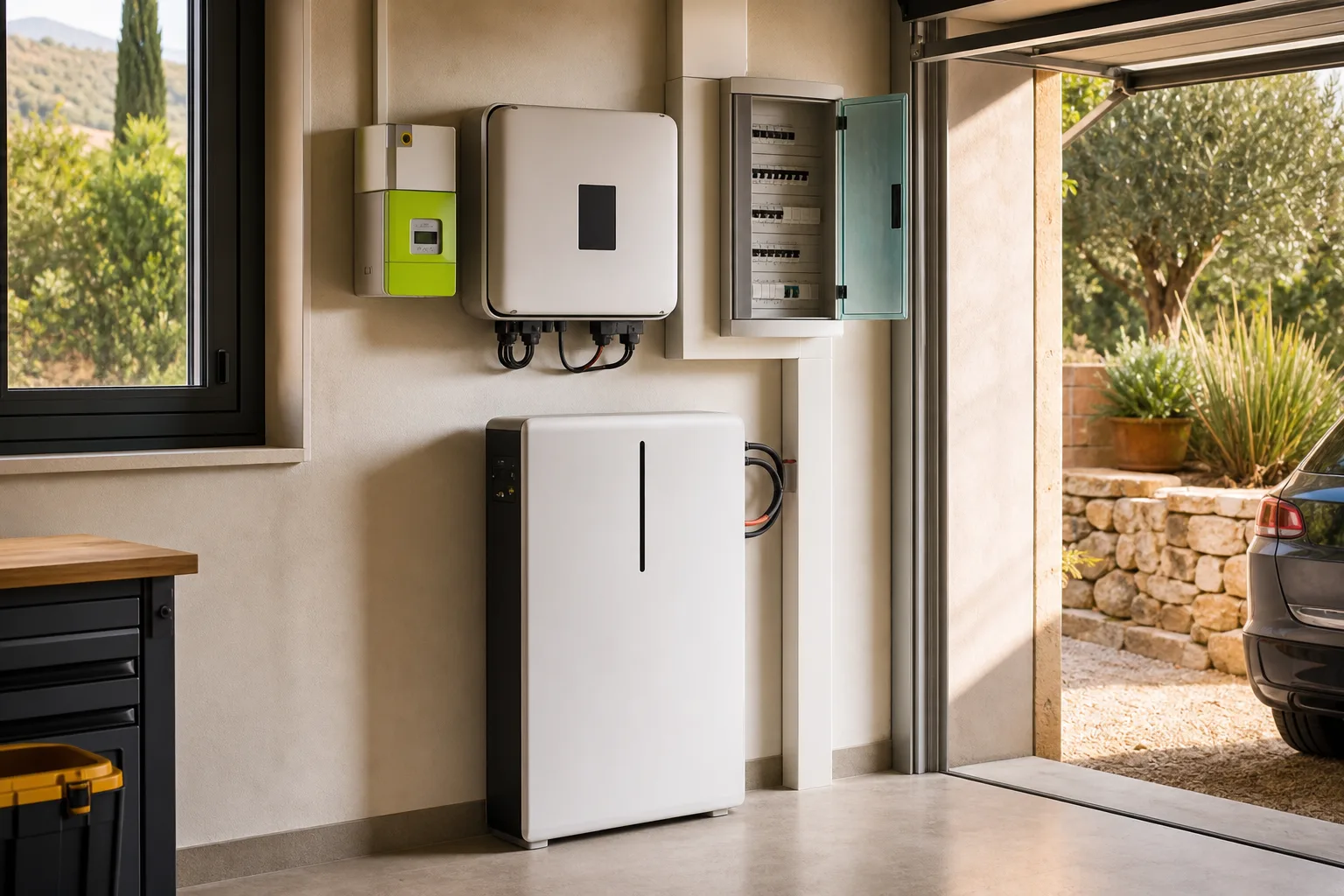 Compteur Linky, onduleur et batterie solaire physique dans le garage d'une maison du Var avant l'ajout de panneaux