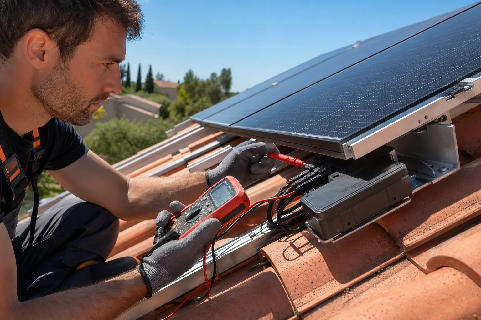 Technicien ADSolar contrôlant un micro-onduleur lors de l'extension d'une installation photovoltaïque sur une toiture en tuiles en Provence