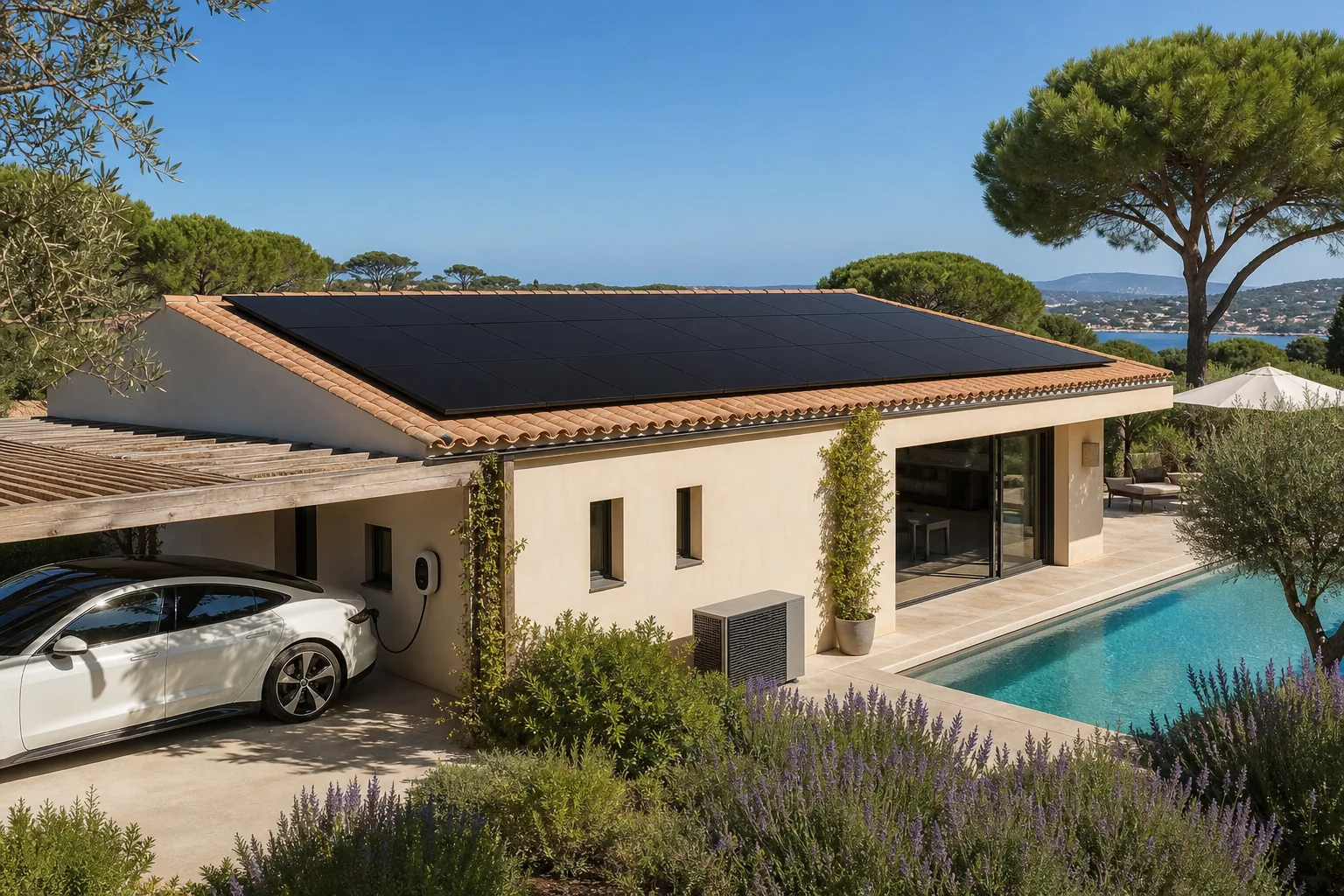 Villa méditerranéenne avec panneaux solaires full black, voiture électrique en charge, pompe à chaleur et piscine sur la Côte d'Azur