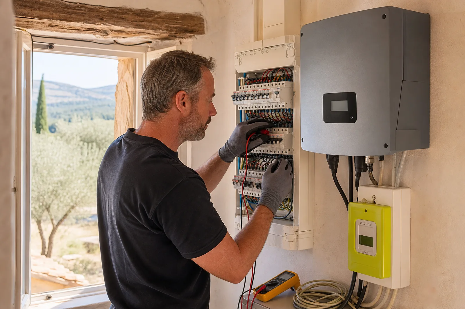 Électricien raccordant une installation photovoltaïque en fin de contrat EDF OA au tableau électrique pour passer en autoconsommation