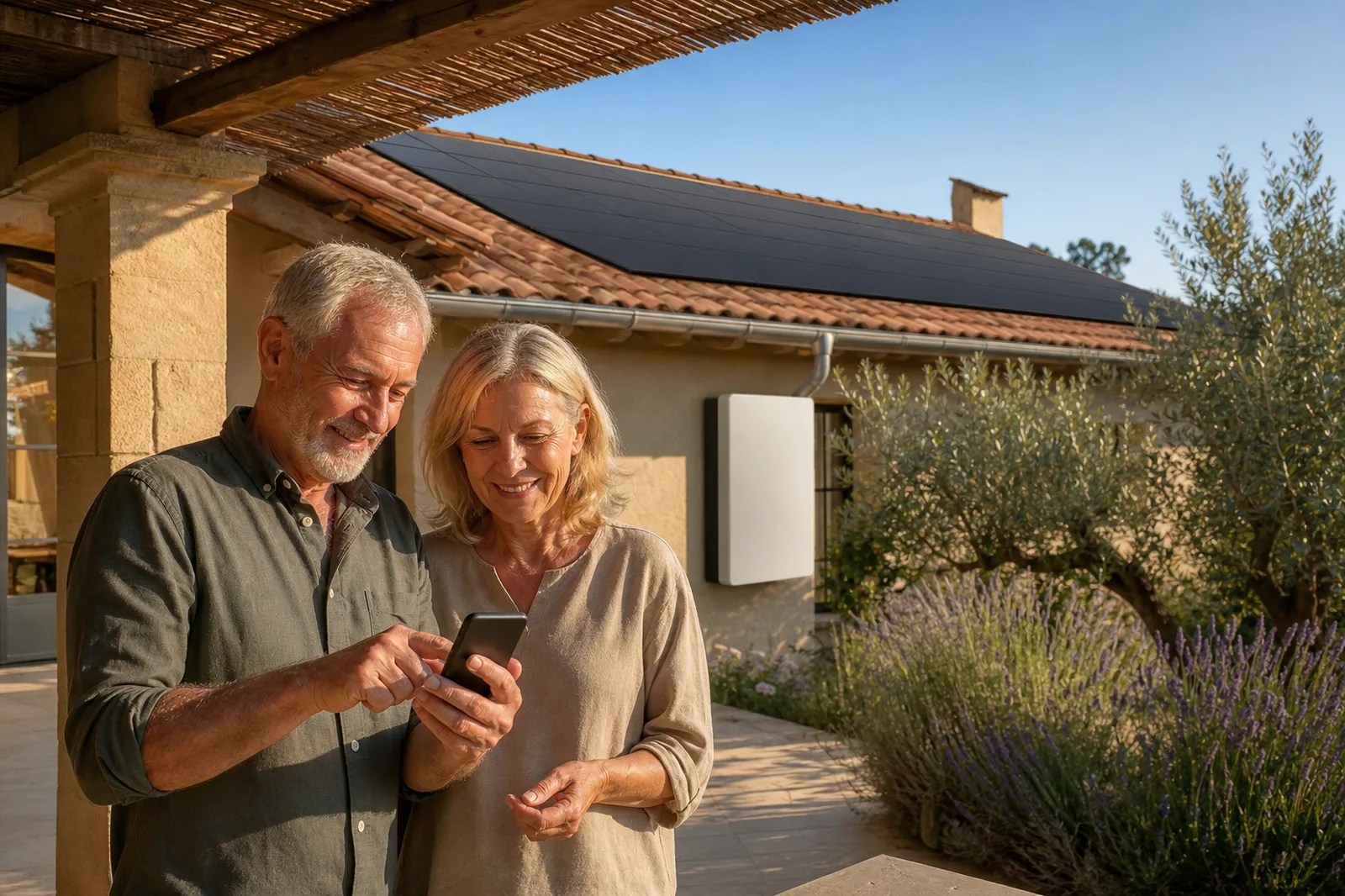 Couple de retraités suivant sa production solaire et sa batterie physique après la fin de son contrat EDF OA en Provence