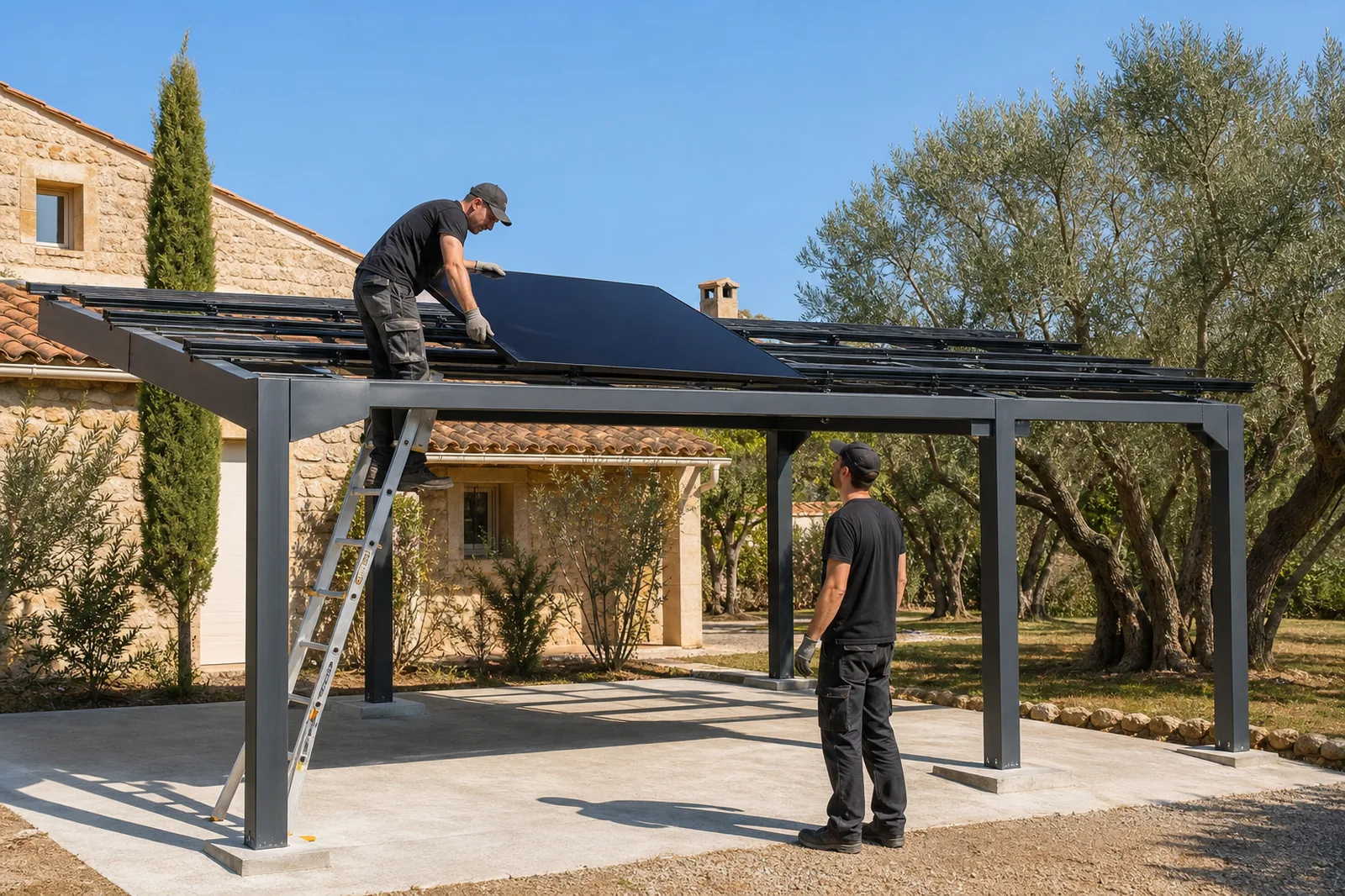 Installateurs posant les panneaux full black d'un carport solaire en aluminium dans le Var
