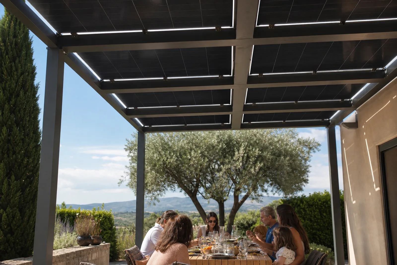 Repas de famille à l'ombre d'une pergola photovoltaïque en Provence