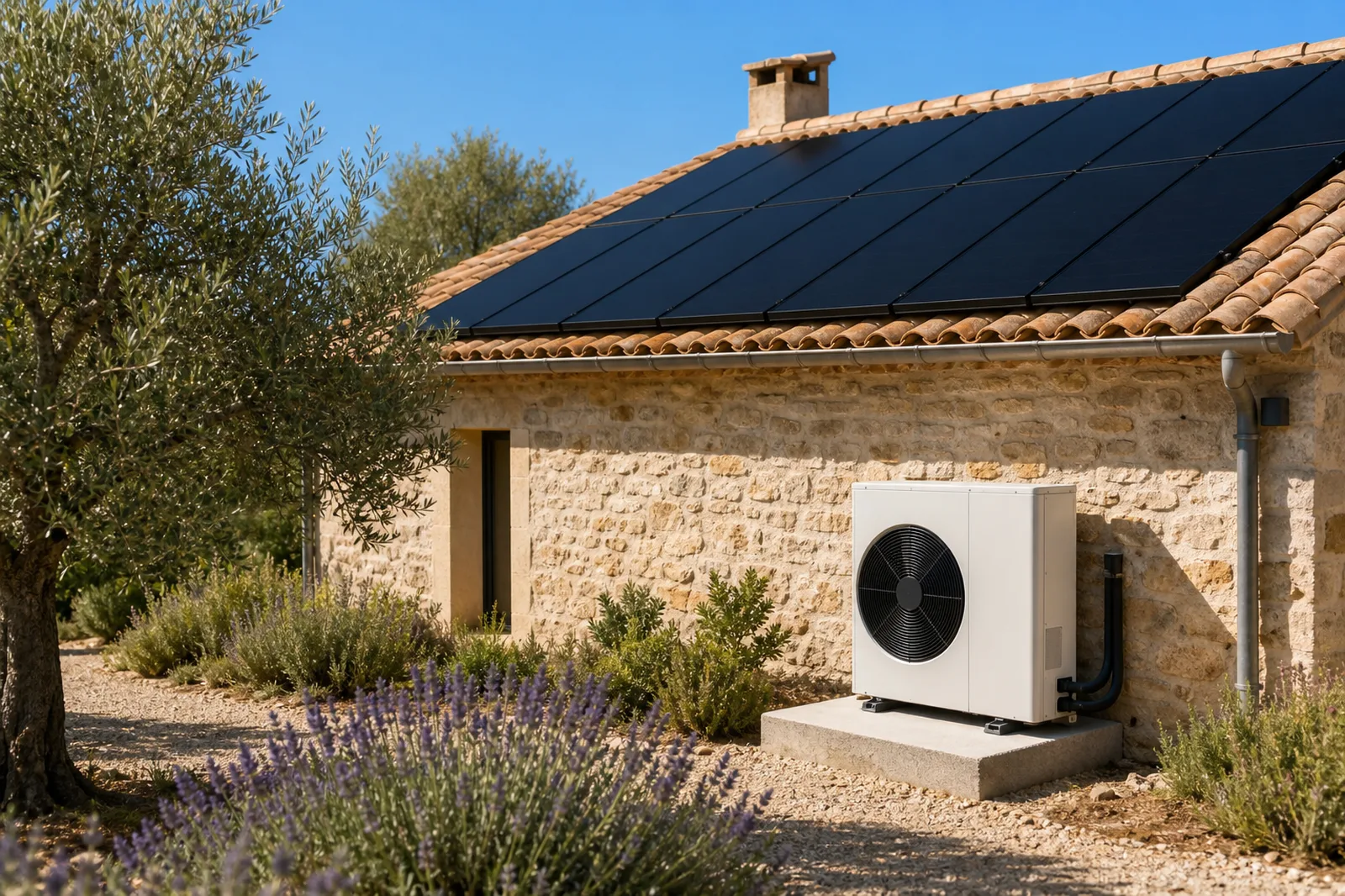 Pompe à chaleur air-eau installée contre une maison en pierre du Var équipée de panneaux solaires