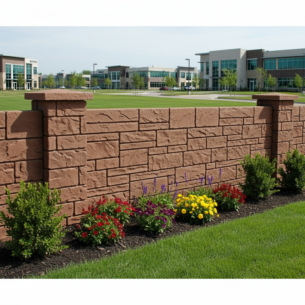 A close-up of a red-brown stone-textured wall with prominent pilasters and a landscaped flower bed in the foreground. Modern commercial or office buildings are visible across a green lawn in the background.