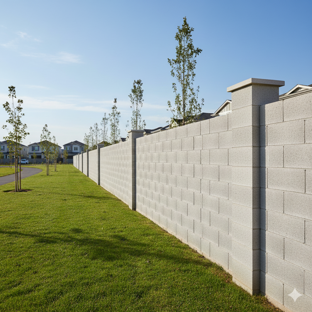 A high light-grey masonry block wall with capped pilasters runs along a green lawn and paved path. The wall provides a clear boundary for a residential street with suburban houses visible in the distance under a blue sky.
