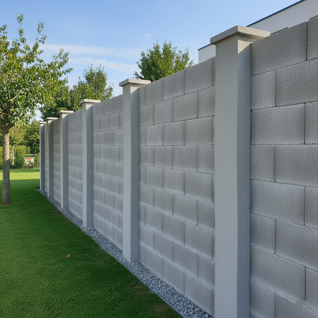 A tall grey precast concrete fence featuring a rough rectangular block texture, divided by smooth, light grey posts with caps, along a green lawn and gravel trim.