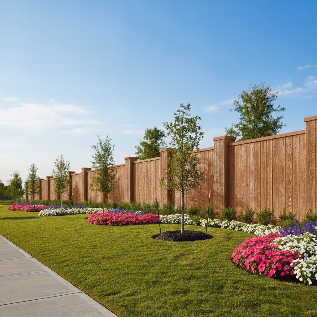 Curving paved entrance to Avalon at Riverstone, flanked by brick pillars, black gates, and lush greenery.
